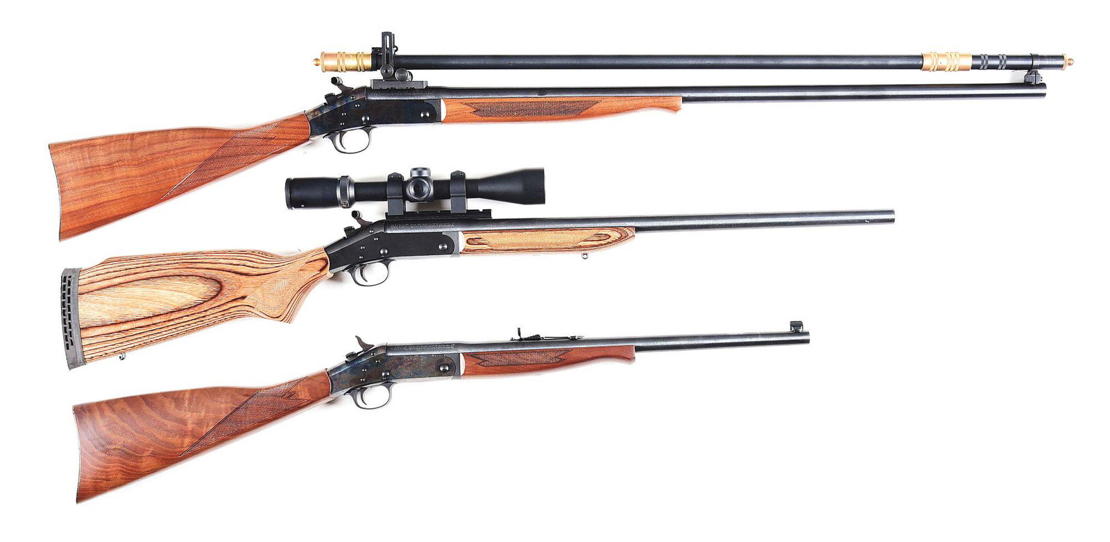 (M) LOT OF 3: H&R 1871 BUFFALO CALSSIC , ULTRA HUNTER,: Lot consists of (A) Harrington & Richardson model 1871 Buffalo Classic single shot break action rifle in .45/70 Government. Attached time period replica scope. Color case hardened receiver. Checkered 