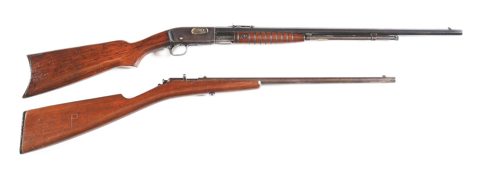 (C) LOT OF 2: WINCHESTER MODEL 99 THUMB TRIGGER AND: Lot consist of: (A) Winchester Model 99 Thumb Trigger single shot rifle. Made 1904-1923. Standard two line company address and patent dates on the left side of the barrel. There is an "LP" carved into