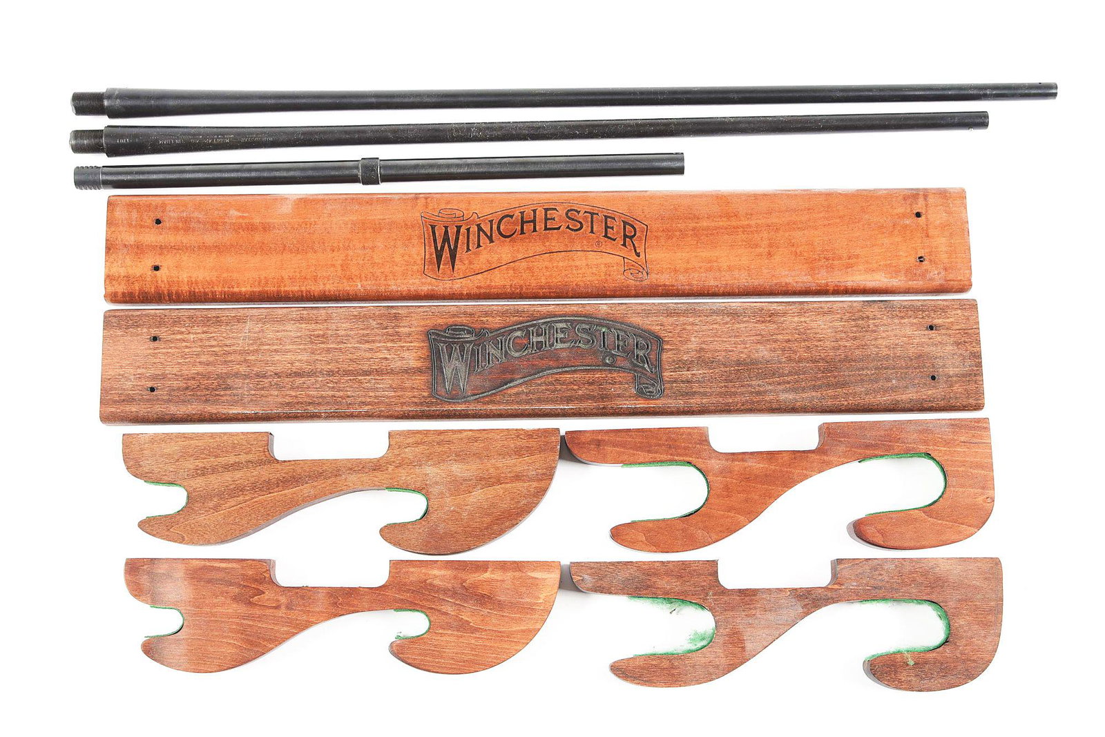 LOT OF 5: WINCHESTER MODEL 42 BARRELS AND MAGAZINE TUBE: Lot consists of: (A) Set of 2 Winchester model 42 blued barrels and 1 magazine tube. Both barrels are chambered for 3" .410 gauge and have fixed Full chokes. First barrel is 28" and missing the front 