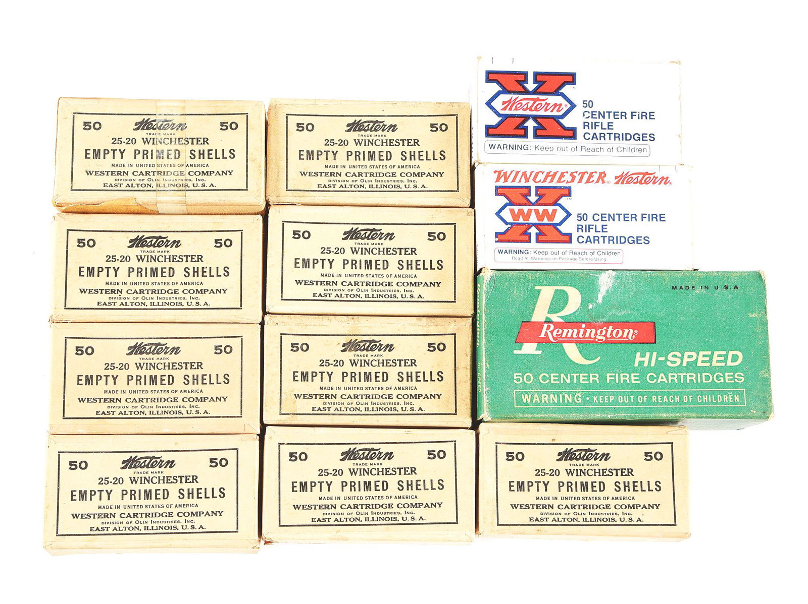 LOT OF 12: BOXES OF AMMO AND PRIMED SHELLS.: Lot contains eight boxes (400) of Western "25-20 Winchester" empty primed shells. Lot also contains a box (50) of Western "25-20 Winchester" primed shells which were loaded, and three boxes (150) of R