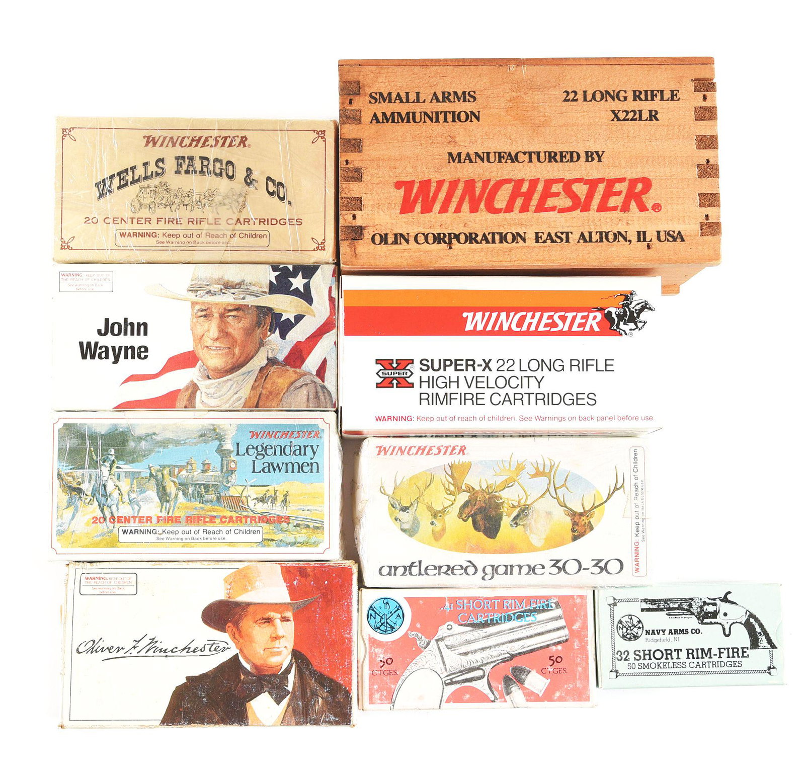 LOT OF 8 BOXES OF WINCHESTER AND NAVY ARMS CO. AMMO.: Lot consists of: (A) Unopened Winchester 500 round brick of .22 Log rifle with wooden box; model X22LR. CONDITION: Excellent condition with the inside box being near mint. (B) Unopened 20 round Winche