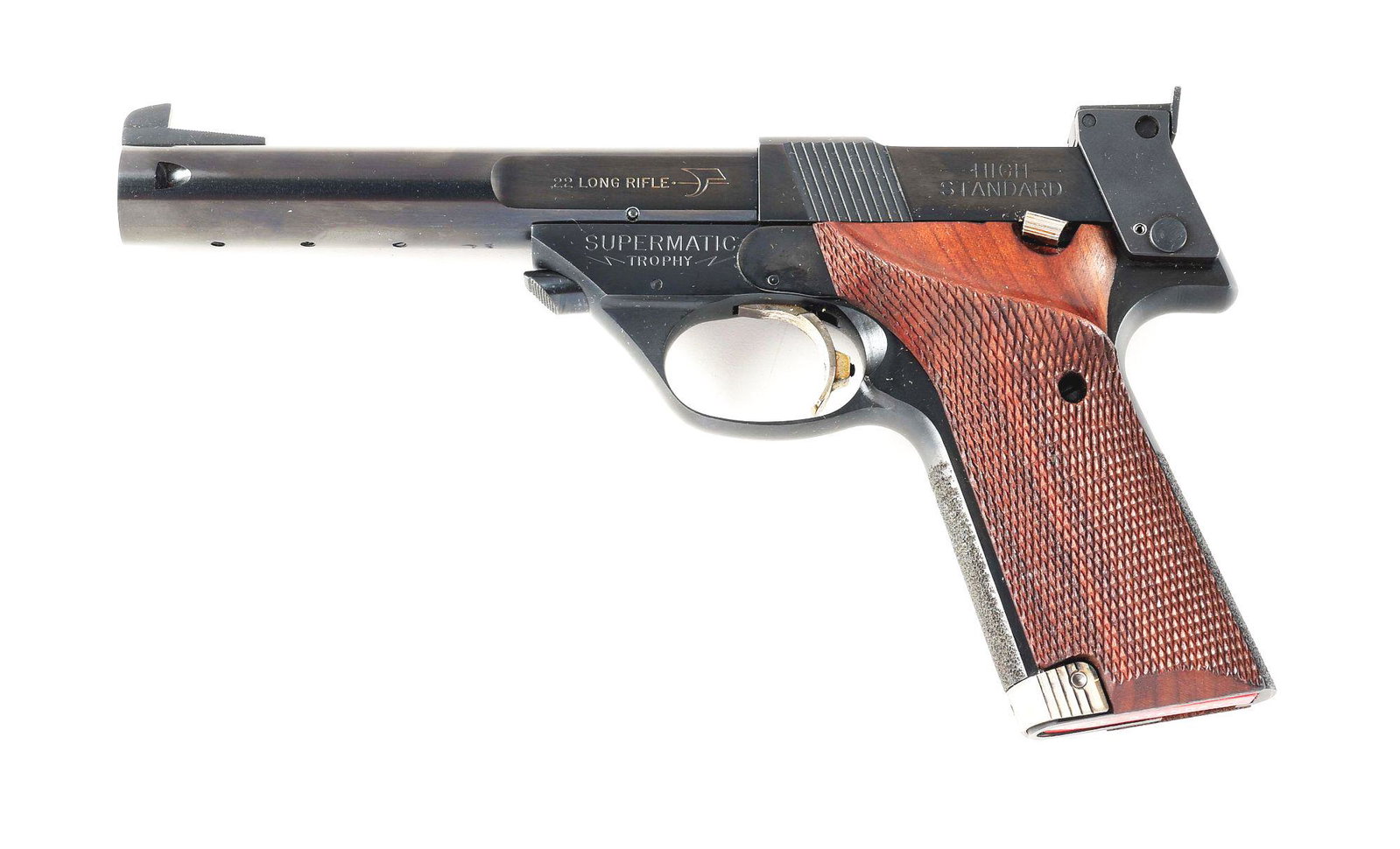 (C) HI-STANDARD MODEL 107 SUPERMATIC TROPHY MILITARY: Hi-Standard Model 107 Supermatic Trophy Military semi automatic pistol with original box. Made 1969. Standard markings on each side of the barrel. Left side of the frame is marked "SUPERMATIC / TROPHY