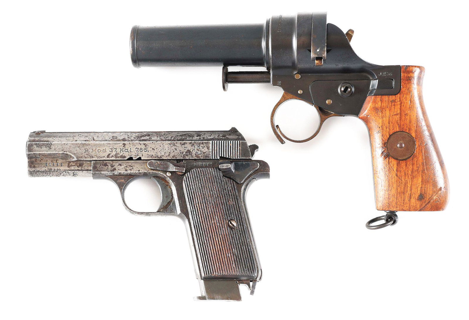 (C) LOT OF 2: CZECH WZ. 30 FLARE PISTOL & HUNGARIAN: Lot consists of (A) Czech WZ.30 flare pistol. Made 1936, as proofed "36" on the left side of the frame. Czech lion proofs on the frame and barrel assembly. CZ factory markings on the chamber. Factory 