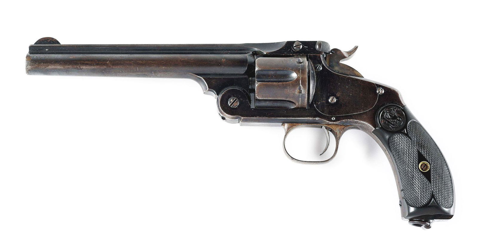 (C) SMITH AND WESSON SECOND MODEL AMERICAN NUMBER 3 TOP: Smith and Wesson number 3 Second model American revolver chambered in .44 Smith and Wesson with serial number "28906". Ribbed round barrel with pinned front sight blade and manufacture patent dates st
