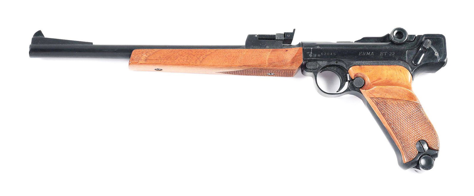 (C) UNCOMMON ERMA ET-22 NAVY .22 LR SEMI-AUTOMATIC: One of only a few hundred ET-22 Navy pistols believed to have been produced by Erma, this example manufactured in in 1968 is a .22lr copy of earlier Luger carbines. It features a 11-3/4" blued round b
