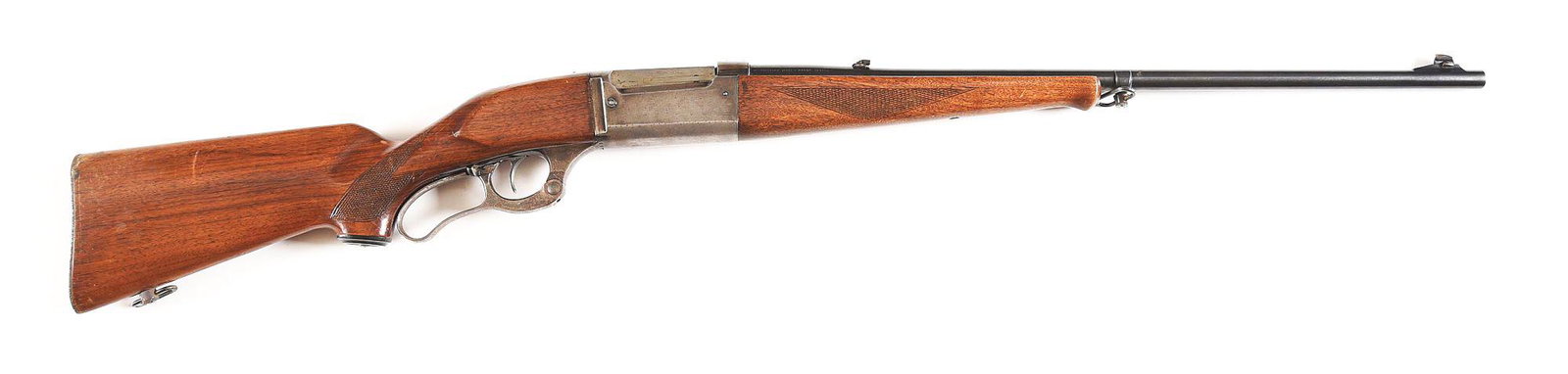 (C) SAVAGE MODEL 99 .300 SAVAGE LEVER ACTION RIFLE.: Savage Model 99 lever action rifle chambered in .300 Savage. Blued round barrel with dovetailed brass beaded front sight and dovetailed folding rear diamond sight. Half barrel band holding a sling swi