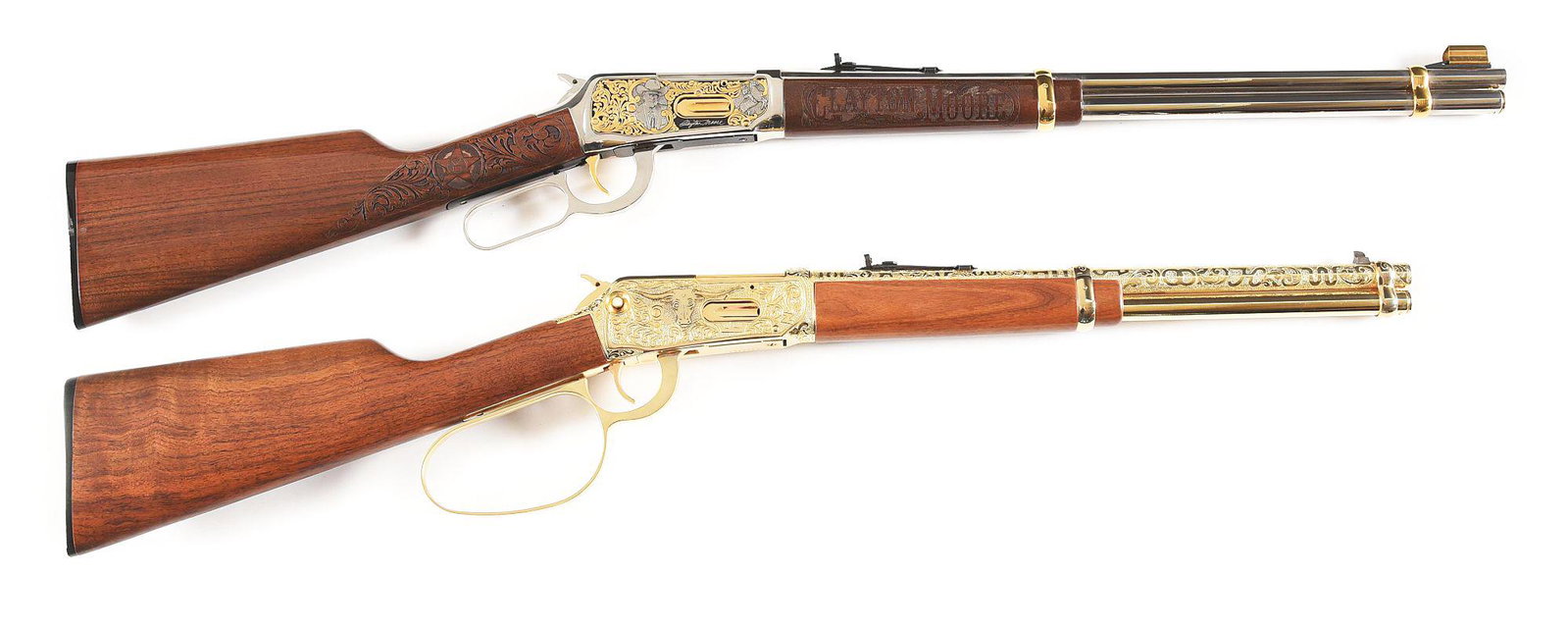 LOT OF 2: WINCHESTER CLAYTON MOORE TRIBUTE 94AE LEVER: Lot consists of: (A) Winchester model 94AE Clayton Moore commemorative lever action rifle chambered in .30-30 Winchester. Features include: coin finished receiver and barrel; gold plated magazine tube