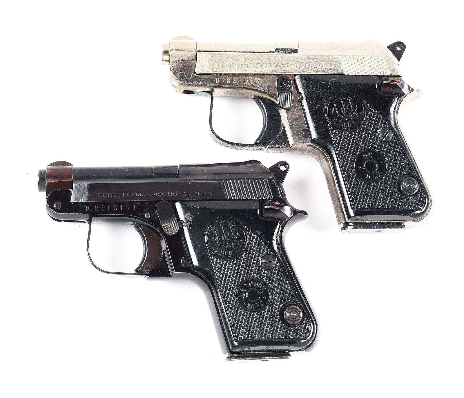 (M) LOT OF 2: BERETTA 950 BS SEMI-AUTOMATIC POCKET: Lot consists of: (A) Circa 1986 US made Beretta 950 BS Jetfire .25 ACP pocket pistol. Features include nickel finish, tip up 2-3/8" barrel, blade front sight, square notch rear sight, and checkered bl