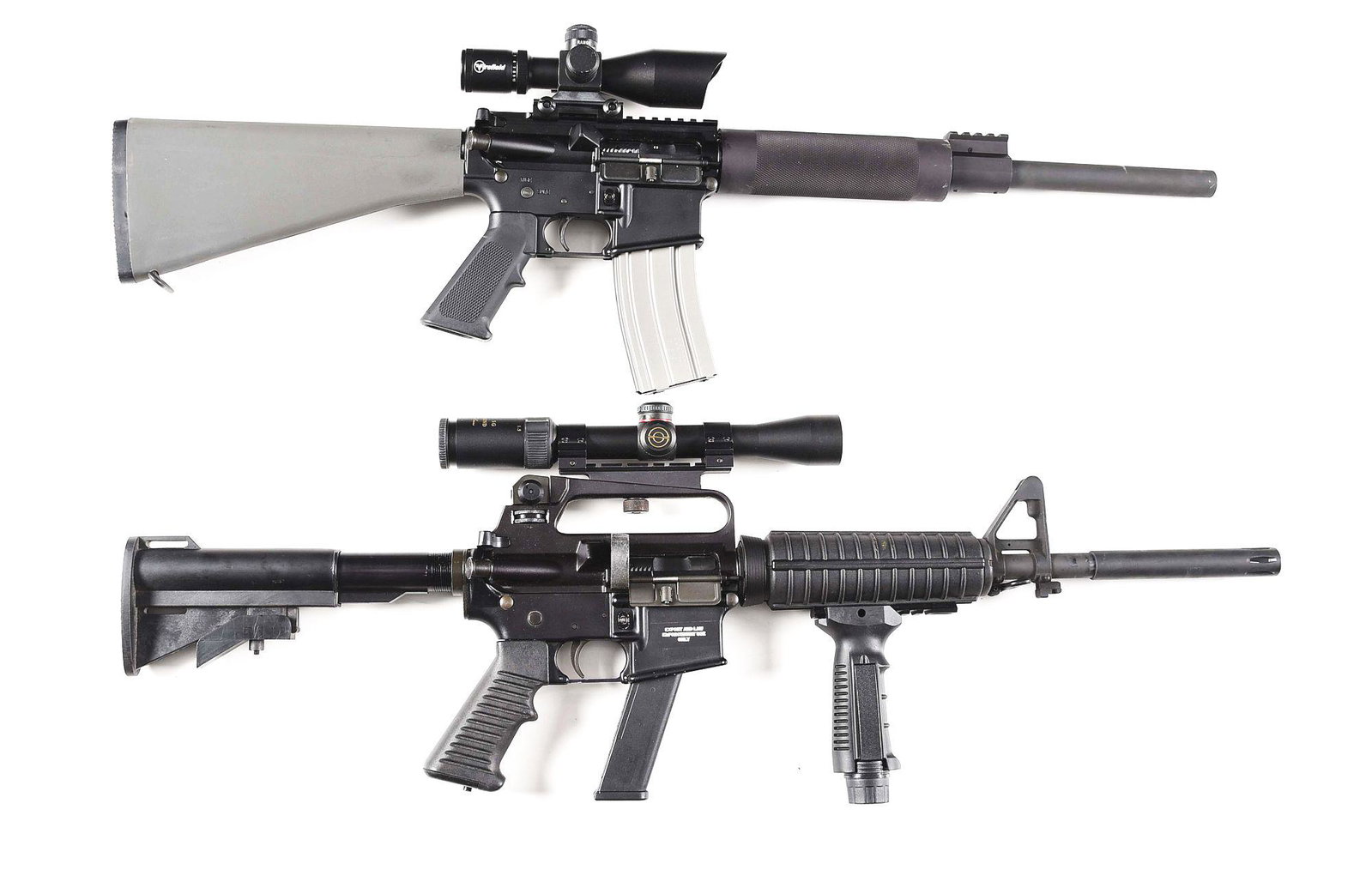 (M) LOT OF 2: OLYMPIC ARMS MFR SEMI AUTOMATIC RIFLES: Lot consist of: (A) Olympic Arms "M.F.R." semi automatic rifle with scope. Olympia Washington, 2013 made gun. Round, phosphate finish bull barrel with an unthreaded muzzle. Unmarked twist rate. Low pr