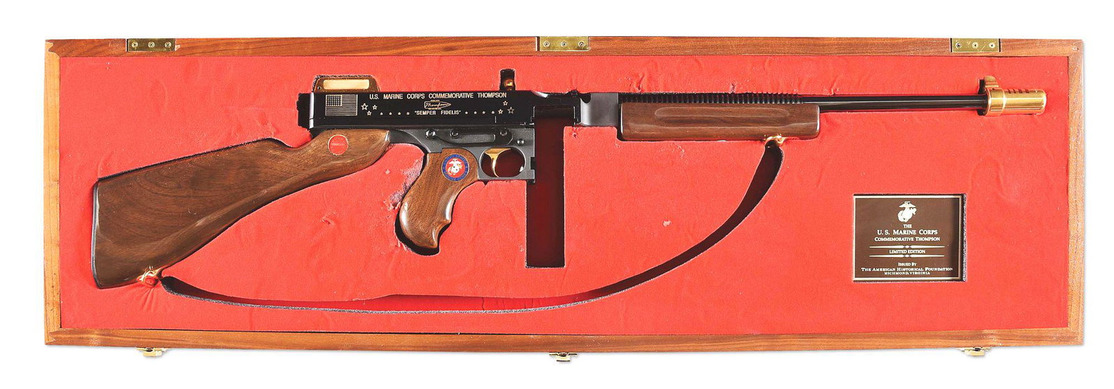 (M) AUTO-ORDNANCE USMC COMMEMORATIVE 1928 THOMSPON: Auto-Ordnance 1928 Thompson USMC Commemorative semi automatic rifle with display case. Company markings on the left side of the receiver. This rifle was turned into a commemorative by the American His