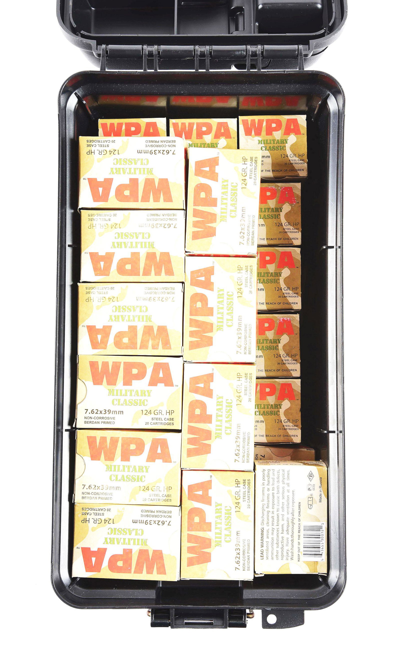 AMMO BOX OF WPA 7.62X39MM AMMUNITION.: Plastic ammunition crate with 50 boxes at 20 rounds each WPA Military Classic 7.62x39mm 124 Grain HP. CONDITION: Rounds appear serviceable.