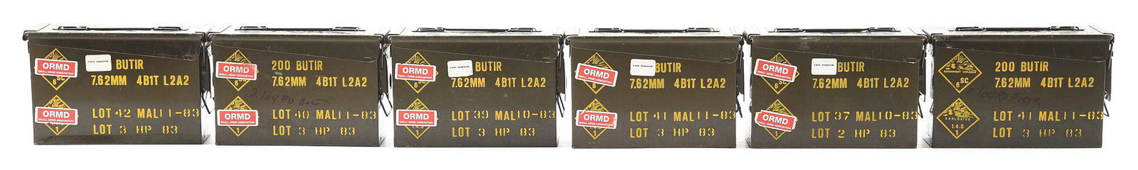 LOT OF APPROXIMATELY 950 ROUNDS OF MALAYSIAN LINKED: Approximately 950 rounds total of Malaysian linked brass cased Berdan primed .308 ammunition on M-60 links in 6 U.S.G.I. type steel cans. Linked belts contain 1 tracer for every 4 ball rounds. CONDITI