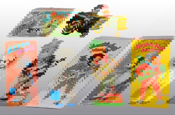 Lot of 3:Tin Litho Animal Bat-Op Toy in Orig. Boxes: Japanese. Working. Includes one Duck Jeep, one remote control Astro Dog, and one Rock and Roll Monkey with original hat. Includes all original boxes with some creasing. Largest: 11 - 3/4" T. (Very Goo