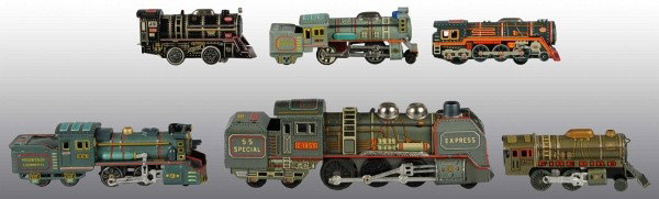 Lot of 6: Tin Train Engines.: Japanese. Includes friction, battery-operated, and wind-up. Three are single engines and three are engine tender combinations. Very little wear overall. Includes all original boxes. Largest: 14 - 1/4"