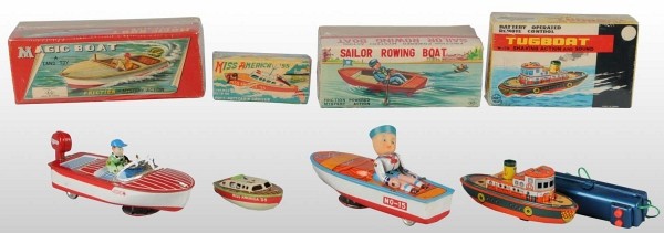 Lot of 4: Tin Litho Boat Toys in O/B: Japanese. Working. Includes one friction Sailor Rowing Boat missing oars, one crank-friction Magic Speed Boat, one Miss America Put-Put candle boat, and one battery-operated remote control Seascape Tu