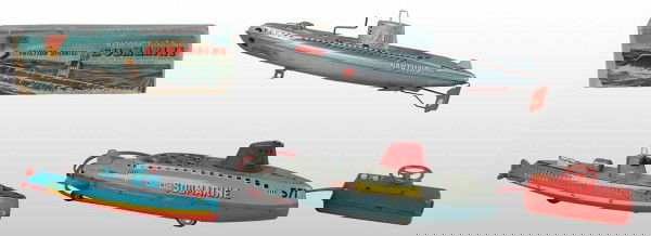 Lot of 3: Tin Litho Submarine Toys.: Japanese. Working. Includes one friction Submarine with blinking light, one battery-operated Atomic Submarine, and one friction Nautilus. Includes one original box with some creasing and spots of pape