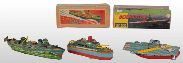 Lot of 3: Tin Litho Boat Friction Toys.: Japanese. Working. Includes one Speed Ship, one Aircraft Carrier, and one small Battle Ship. Very little wear overall. Includes two original boxes. Largest: 9" L. (Very Good).