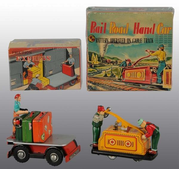 Lot of 2: Tin Litho Hand Cart Toys in O/B: Japanese. Includes one friction Baggage Express Cart with two pieces of original luggage and one battery-operated Tom and Dick Railroad Handcar. Nice colorful lithography to both toys with just slight