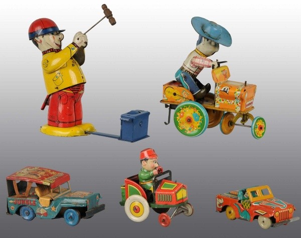 Lot of 5: Tin Litho Toys.: Japanese. Working. Includes two friction Jeeps, one wind-up Cowboy Car, one wind-up Joke Vehicle, and one wind-up Blacksmith toy. Nice colorful lithography with moderate wear throughout. Largest: 5 - 
