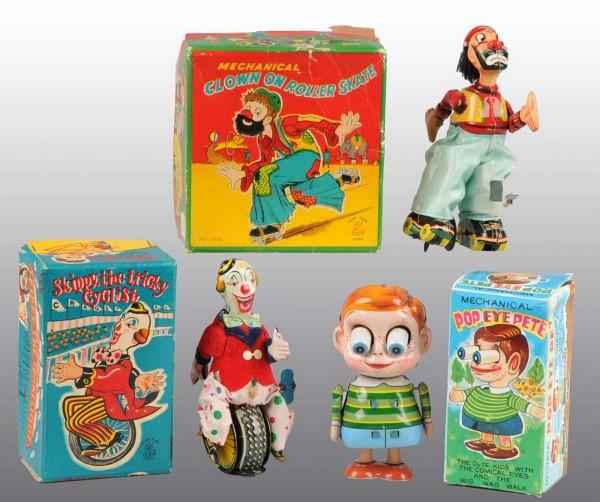 Lot of 3: Tin TPS Character Wind-Up Toys in O/B: Japanese. Working. Includes Skippy the Tricky Cyclist, Pop Eye Pete, and scarce variation of the Clown on Roller Skates. Includes all original boxes with some minor creasing and tearing. Largest: 5 -