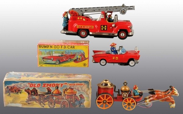 Lot of 3: Tin Litho Fire Department Toys.: Japanese. Working. Includes one battery-operated Extension Ladder Truck with driver and three firemen, one friction Bump'N Go Fire Chief Car, and one friction Horse-Drawn Old Smoky Fire Pumper which n