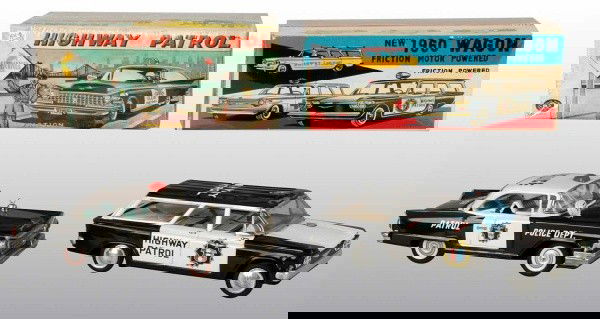 Lot of 2: Tin Police Vehicle Friction Toys.: Japanese. Circa 1960. Working. Includes one Buick Sedan and one Corvair Station Wagon. Slight scratching to both cars. Includes both original boxes. Boxes have some slight creasing and staining. Large