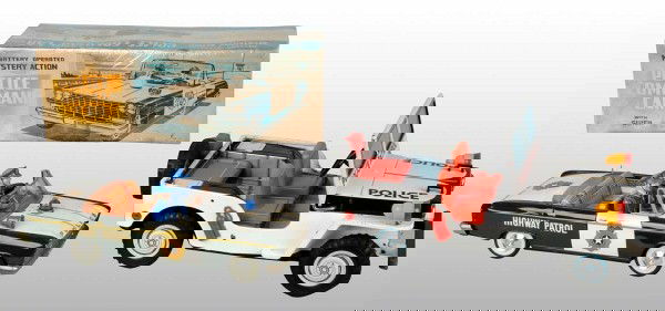 Lot of 2: Tin Police Vehicle Toys.: Japanese. Working. Includes one battery-operated Police Command Car with driver, passenger, and original box. Also includes one large-size friction Police Patrol Jeep. Both vehicles are missing their