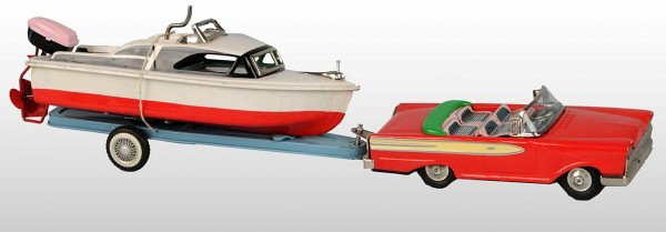 Tin Car & Boat Trailer Friction Toy.: Japanese. Working. Includes Ford Convertible pulling a Cabin Cruiser Boat on trailer. Very little wear overall. Car: 7" L. (Excellent).
