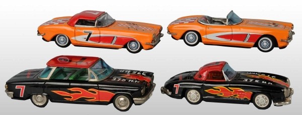 Lot of 4: Tin Stock Car Friction Toys.: Japanese. Working. Includes two Corvettes, one Corvair, and one Mercedes 300SL. Some minor scratching and wear. Largest: 9" L. (Very Good).