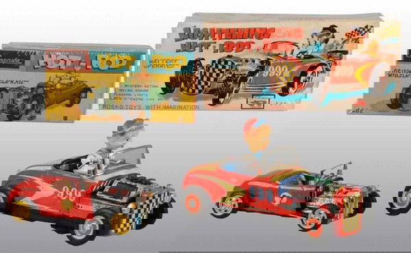 Lot of 2: Tin Hot Rod Toys.: Japanese. Includes one battery-operated "999" Hot Rod with some spots of oxidation on windshield, figure, and trunk area. Also includes one friction with clack clack noise. Includes both original boxe
