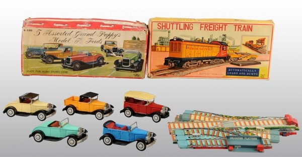 Lot of 2: Tin Litho Vehicle Toy Sets.: Japanese. Includes one ALPS Shuttling Freight Train Set with track and set of five tin litho friction Grand-Pappy Cars. Includes both original boxes with some creasing and tearing. Largest Box: 16 - 1