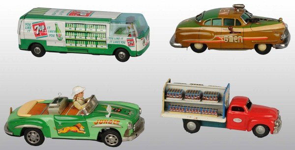 Lot of 4: Tin Litho Vehicle Toys.: Japanese. Working. Includes two friction Soda Vehicles, one battery-operated Mercedes Jungle Pioneer with driver, and one battery-operated Gmen Car with corrosion to battery box and repainted battery 
