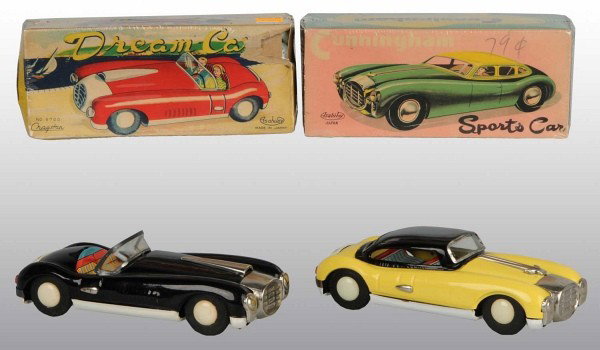 Lot of 2: Tin Cunningham Friction Toys.: Japanese. Working. Includes one sedan and one convertible. Very little wear overall. Includes both original boxes. The convertible box is missing one piece in the upper right corner. Each: 7 - 1/2" L.