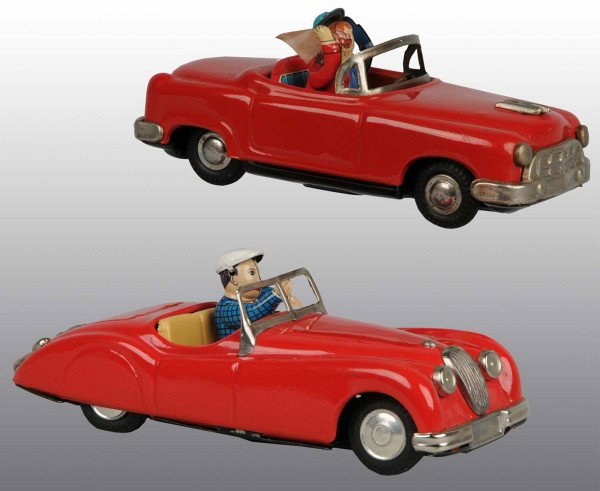 Lot of 2: Tin Litho Automobile Friction Toys.: Japanese. Working. Includes one Romance Car with man driver waving hat and woman passenger waving handkerchief. Also includes one car with male driver that signals a left turn with his arm. Very littl