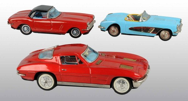 Lot of 3: Tin Litho Corvette Toys.: Japanese. Working. Includes one friction Yonesowa Convertible and two battery-operated hardtops. Larger hardtop is a 1963 Split Window. Some minor scratching and wear. Largest: 11 - 1/2" L. (Very Good