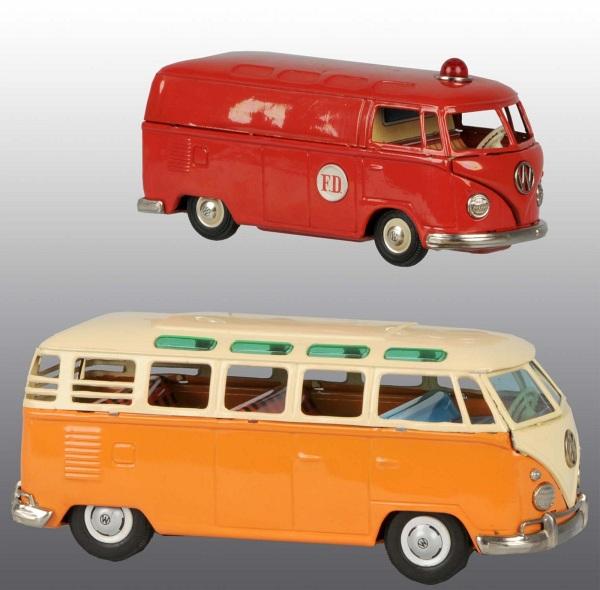 Lot of 2: Tin Bandai Volkswagen Bus Friction Toys: Japanese. Working. Includes one Fire Department Bus and one Camping Van in rare orange color variation and opening back door. Some minor scratching and one small dent to Fire Department Bus. Largest: 