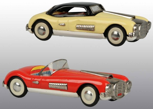 Lot of 2: Tin Litho Cunningham Friction Toys.: Japanese. Working. Includes one convertible and one hardtop. Very little wear overall. Largest: 9" L. (Excellent).