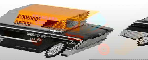 Tin 1960 Ford Galaxy Standard Coffee Friction Toy: Japanese. Working. Very rare station wagon variation. Marked "Standard Fresh Coffee" on both sides and trunk, "Galaxy" on front quarter panels, and "Rain or shine I'm on time" on doors. Some slight sc