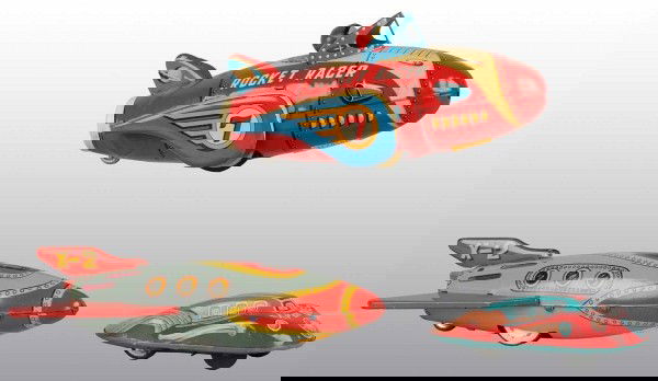 Lot of 3: Tin Litho Space Rocket Friction Toys.: Japanese. Working. Includes one Rocket Racer 7, one X-2 Rocket, and one Explorer Vehicle. Nice colorful lithography with just minor wear throughout. Largest: 8" L. (Excellent).