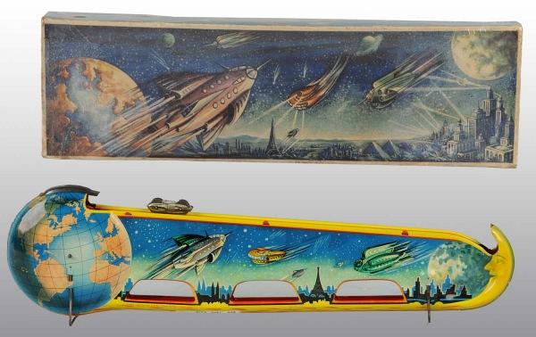 Tin Litho Space Ride Wind-Up Toy.: German. Working. Made by Technofix. Bright, colorful lithography depicts space scene. Comes with original car. Very little wear overall. Includes scarce original box with beautiful graphics and marked