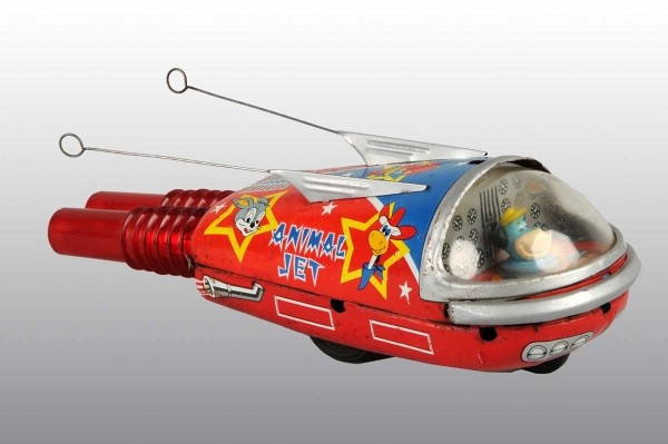 Tin Animal Jet Car Friction Toy.: Japanese. Not working. Unlicensed Hanna–Barbera item. Moderate wear throughout. 8 - 1/4" L. (Very Good).