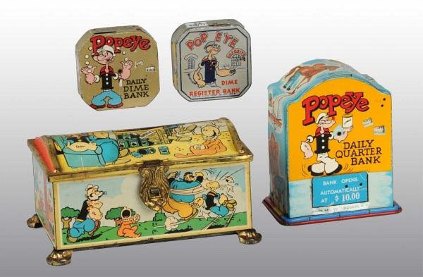 Lot of 4: Tin Popeye Banks.: Includes two Dime Register banks, one Daily Quarter bank, and one Treasure Chest bank. All have nice lithographed depictions of Popeye characters. Largest: 6 - 1/2" L. (Very Good).
