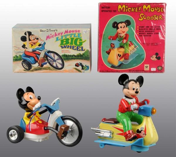 Lot of 2: Tin & Plastic Disney Mickey Mouse Toys.: Working. Includes one Japanese tin Scooter toy with vinyl head and one Marx all plastic Little Big Wheel toy. Includes both original box with very colorful graphics. Largest: 10" L. (Excellent).