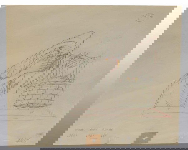 Old Witch Production Drawing.: Circa 1937. Very large image of witch drawn in lead pencil with additional colored pencil accents. Has all the necessary numbers associated with the Snow White and the Seven Dwarfs film. 12" x 10". (E