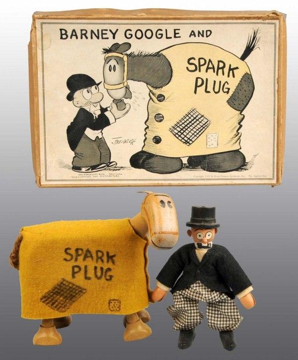 Barney & Spark Plug Figures.: 1922. Boxes set of wooden figures by Schoenhut. Features Barney Google and his horse Spark Plug. Figures are un-played with and in original complete condition. Rare box has the label intact on top and