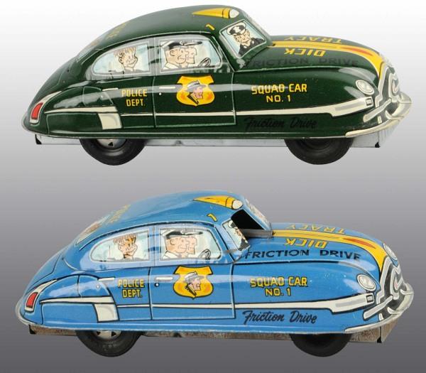 Lot of 2: Tin Marx Dick Tracy Friction Toys.: American. Working. Includes two color variations of the same Squad Car. Blue car has a gun sticking out from front window. Some scratching throughout both cars. Each: 6 - 1/2" L. (Very Good).