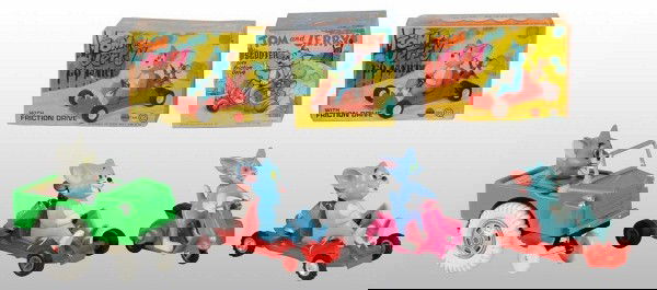 Lot of 4: Plastic Tom & Jerry Vehicle Toys.: Includes three Marx toys, two Go-Karts and one Scooter Toy, and one Japanese Whoopee Car with Tom driving. Includes three original boxes. Largest: 6" L. (Excellent).