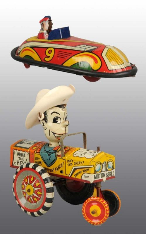 Lot of 2: Tin Vehicle Wind-Up Toys.: American. Working. Includes Marx Milton Berle Crazy Car with plastic white hat and Lindstrom No. 9 Bumper Dodge 'Em Car with lithographed driver and passenger. Crazy car is slightly faded and Bumper c