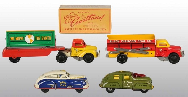 Lot of 4: Tin Courtland Car & Truck Toys.: American. Working. Includes one wind-up Police Car with siren, one wind-up Earth Moving Truck, one wind-up Black Diamond Coal Company Truck, and one friction US Army Squad Car. Minimal scratching and 