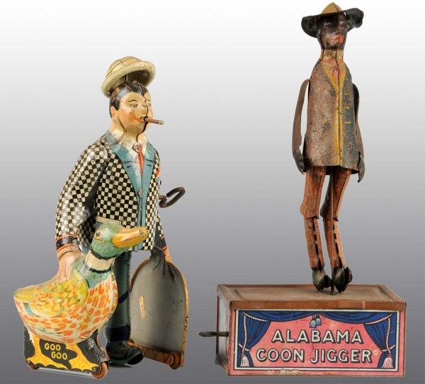 Lot of 2: Tin Litho Wind-Up Toys.: American. Working. Includes Marx Joe Penner Wanna Buy a Duck and one Strauss Alabama Roof Dancing toy. Both have some scratching and wear while the roof dancing figure's litho is badly worn. Largest: 
